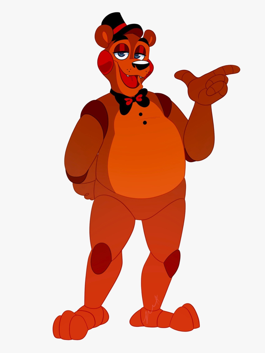 3:4 animatronic anthro brown_body clothing five_nights_at_freddy's five_nights_at_freddy's_2 fnaf-au-kris gesture half-closed_eyes hat headgear headwear hi_res looking_at_viewer machine male mammal narrowed_eyes overweight overweight_anthro overweight_male pointing red_cheeks robot smile solo teeth toes tongue toy_freddy_(fnaf) ursid video_games