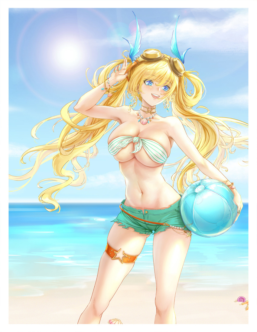 1girl azur_lane ball bangs bare_shoulders beach beachball bikini bikini_shorts blonde_hair blue_eyes blush bracelet breasts choker cleavage collarbone eyebrows_visible_through_hair front-tie_bikini front-tie_top hair_between_eyes hair_ornament highres holding holding_ball holding_beachball jewelry large_breasts long_hair looking_at_viewer navel necklace ocean open_mouth shorts sidelocks skindentation smile solo swimsuit theleopardcat thigh_strap thighs twintails very_long_hair victorious_(azur_lane)