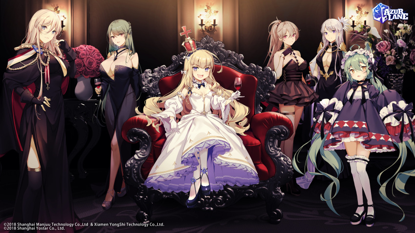 6+girls absurdres akashi_(azur_lane) akashi_(black_cat_strikes!)_(azur_lane) artist_request azur_lane bare_shoulders bismarck_(azur_lane) bismarck_(beacon_of_the_ironblood)_(azur_lane) black_bow black_dress black_footwear blonde_hair blue_eyes bow braid breasts brown_dress brown_gloves brown_hair center_opening cleavage_cutout clothing_cutout cocktail_dress corset crown cup detached_sleeves dress drinking_glass enterprise_(azur_lane) enterprise_(heroic_finery)_(azur_lane) evening_gown fingerless_gloves flower frilled_hairband frills gloves gold_bracelet gold_choker green_hair hair_between_eyes hair_ornament hairband high_heels highres indoors iron_cross jean_bart_(azur_lane) jean_bart_(uninhibited_bloodstone)_(azur_lane) lace-trimmed_hairband lace_trim large_breasts littorio_(azur_lane) littorio_(calabria_aurea)_(azur_lane) lolita_fashion long_dress long_hair looking_at_viewer medal mini_crown mole mole_under_eye multiple_girls neckwear_between_breasts oak_leaf official_art open_mouth ponytail puffy_sleeves purple_eyes queen_elizabeth_(azur_lane) queen_elizabeth_(the_queen's_ball)_(azur_lane) red_eyes rose see-through short_dress side_slit sideboob sitting sleeveless sleeveless_dress sleeves_past_fingers sleeves_past_wrists small_breasts strapless strapless_dress thighhighs throne vase very_long_hair white_bow white_dress white_gloves white_legwear wine_glass zettai_ryouiki