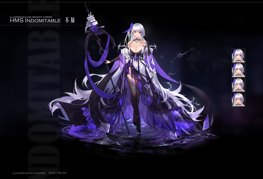 1girl 2020 absurdly_long_hair aircraft airplane artist_name azur_lane black_footwear black_legwear blush breasts character_name cleavage commentary_request dark_background dated detached_sleeves dress hair_ornament high_heels highres holding holding_staff large_breasts long_hair original purple_eyes solo staff swd3e2 thighhighs twitter_username very_long_hair white_hair wide_shot