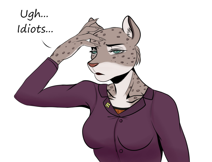 annoyed anthro breasts clothed clothing dainerissindra disney english_text fabienne_growley felid female fur green_eyes hi_res mammal pantherine shirt simple_background snow_leopard solo speech_bubble text topwear whiskers white_background zootopia