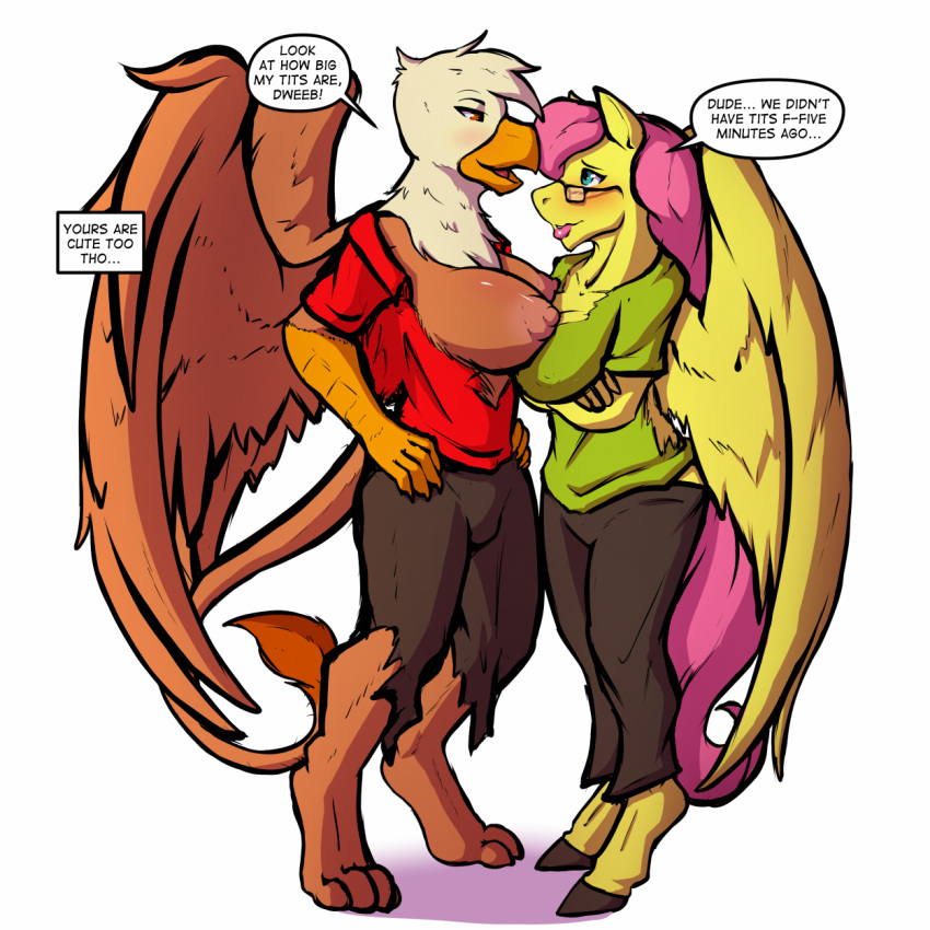 2020 after_transformation anthro avian beak big_breasts biobasher breasts brown_body clothed clothing dialogue duo english_text equid equine feathered_wings feathers female fluttershy_(mlp) friendship_is_magic fur gilda_(mlp) gryphon hair hasbro hi_res horse invalid_tag mammal my_little_pony mythological_avian mythology nipples pegasus pink_hair pony simple_background species_transformation text topless torn_clothing transformation wings yellow_body yellow_feathers