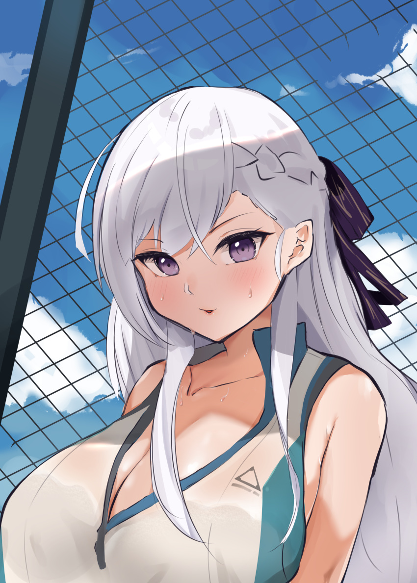 1girl absurdres azur_lane bangs bare_shoulders belfast_(azur_lane) blush braid breasts bremerton_(azur_lane) bremerton_(azur_lane)_(cosplay) bremerton_(scorching-hot_training)_(azur_lane) chain-link_fence cleavage cosplay fence hair_between_eyes hair_ribbon highres hiiragi_setu large_breasts long_hair looking_at_viewer parted_lips purple_eyes ribbon solo sportswear sweat tennis_uniform two-tone_shirt upper_body