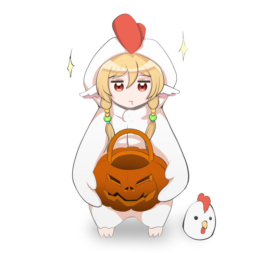 1girl animal_costume bird blonde_hair chicken_costume costume drooling food granblue_fantasy hair_ornament halloween harvin highres holding holding_food holding_pumpkin holding_vegetable lisden long_hair mahira_(granblue_fantasy) pumpkin red_eyes simple_background solo trick_or_treat vegetable white_background