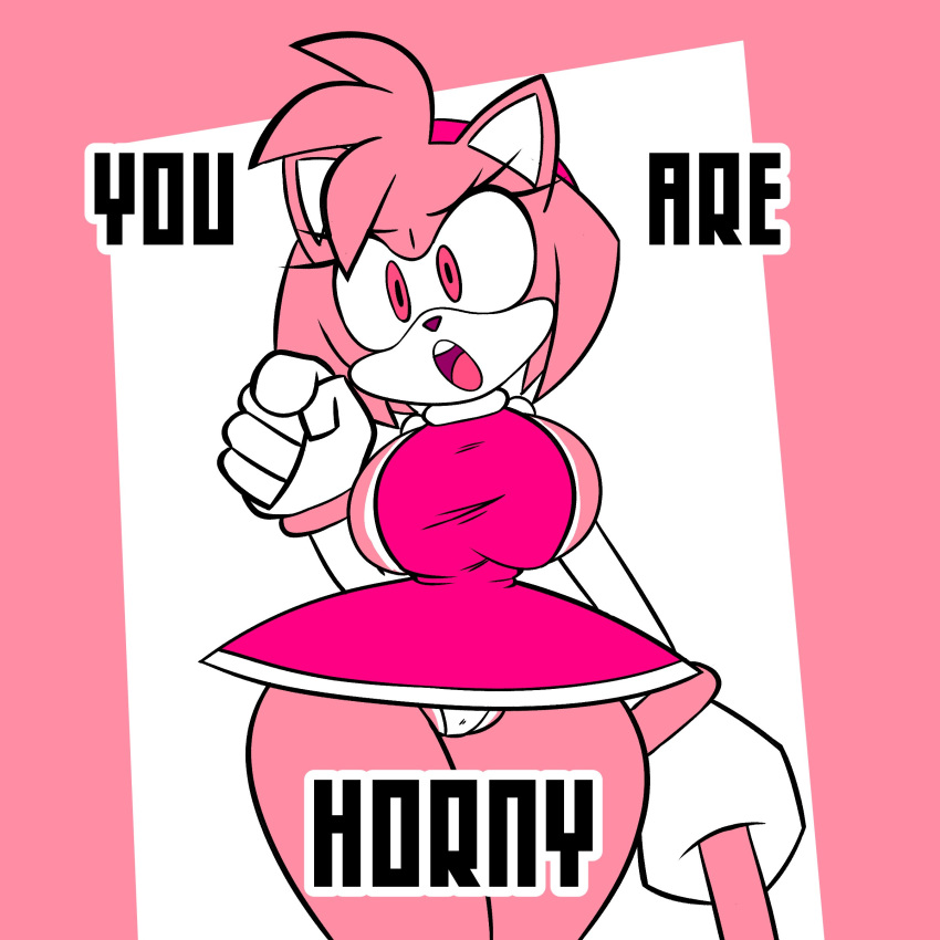 absurd_res amy_rose angry anthro big_breasts bottomwear breasts camel_toe clothing curvy_figure dialogue dress eulipotyphlan female gesture gloves hair handwear hedgehog hi_res horny_(disambiguation) hourglass_figure looking_at_viewer mammal miniskirt panties pink_background pink_body pink_hair pointing pointing_at_viewer simple_background skirt solo sonic_the_hedgehog_(series) sweetdandy talking_to_viewer text thick_thighs underwear wide_hips