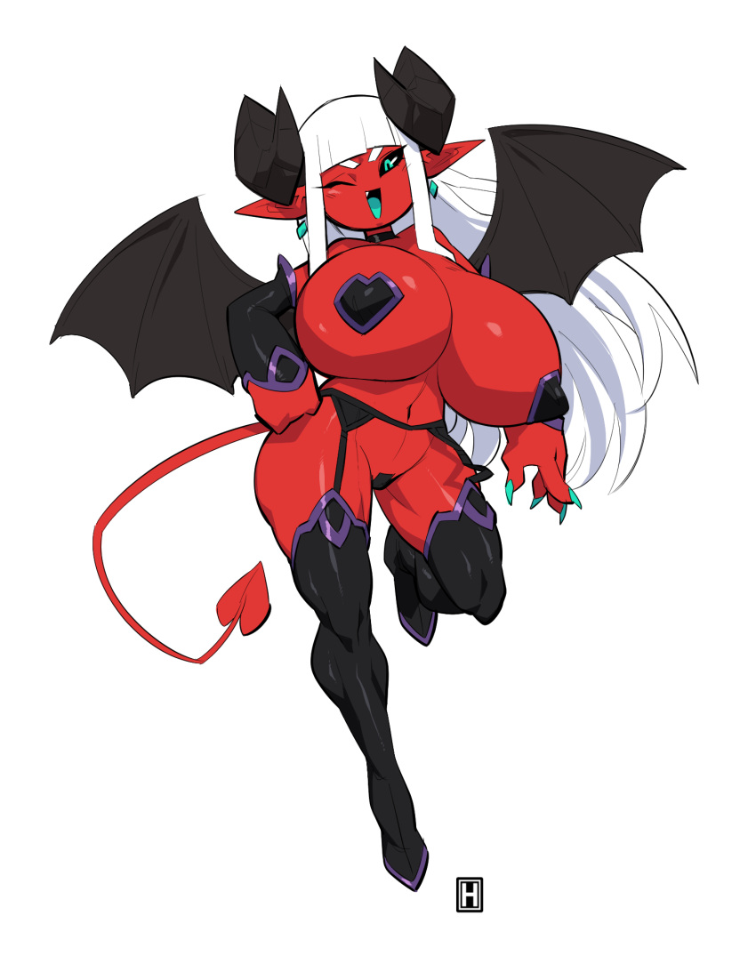 big_breasts breasts cleavage clothed clothing demon female hi_res horn horned_humanoid huge_breasts humanoid not_furry red_body red_skin solo spade_tail thehelmetguy thick_thighs wide_hips winged_humanoid wings