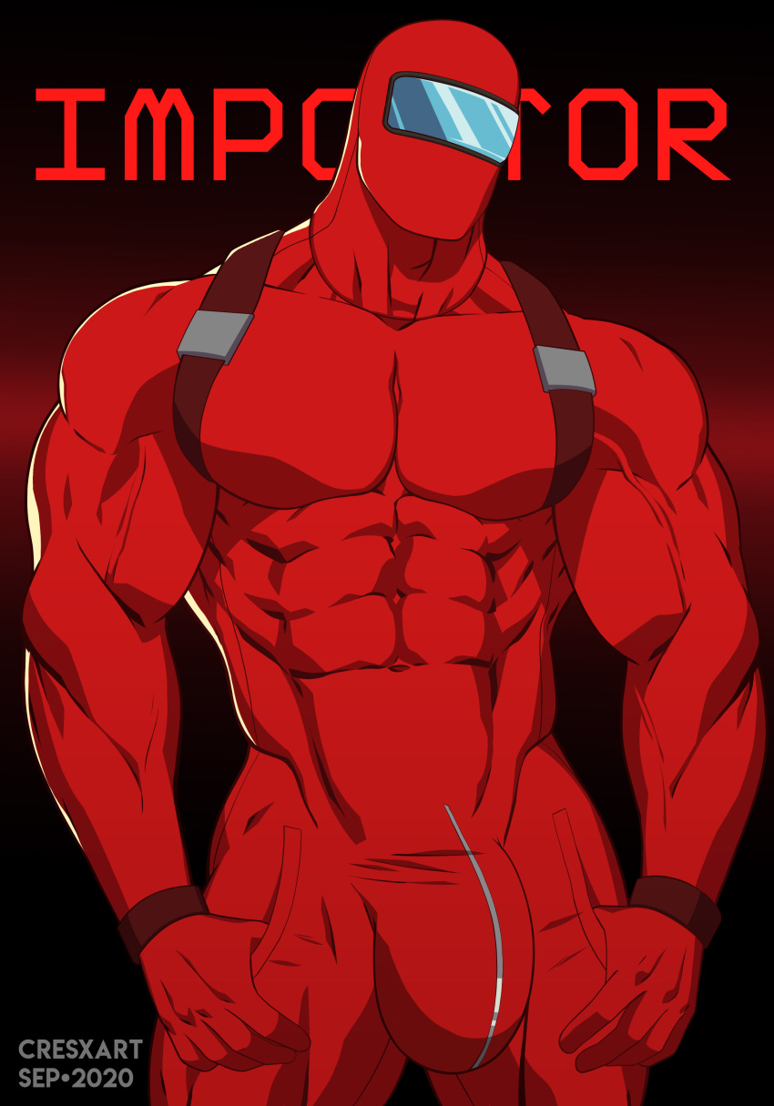 1boy absurdres among_us artist_name astronaut bara bracelet bulge chest_harness covered_abs covered_navel cowboy_shot crestren english_text faceless gradient gradient_background harness highres impostor_(among_us) jewelry male_focus muscle parody solo space_helmet spacesuit