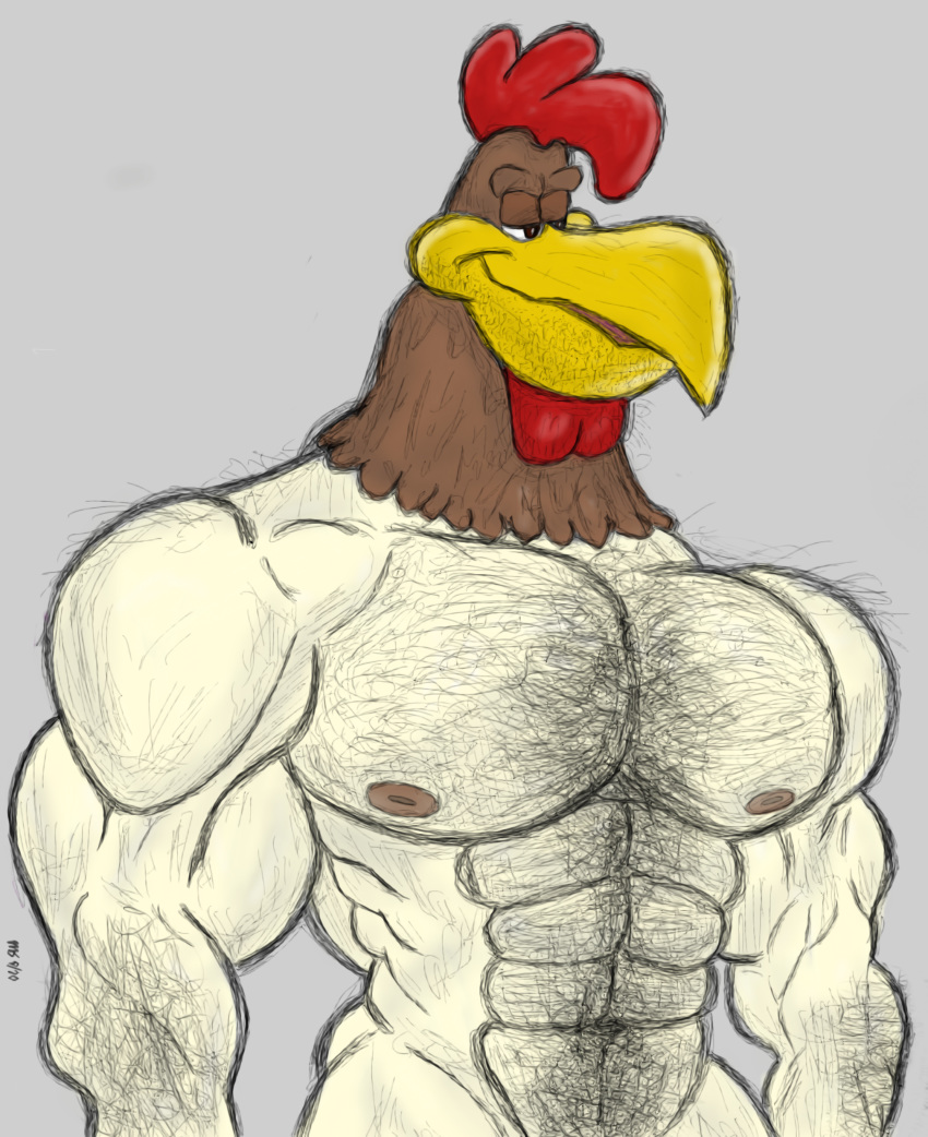 absurd_res anonymous_artist anthro avian big_muscles bird body_hair chicken foghorn_leghorn galliform gallus_(genus) hairy hi_res looney_tunes male manly muscular muscular_anthro muscular_male nipples phasianid simple_background solo warner_brothers