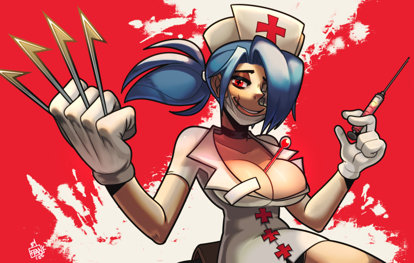 +_+ 1girl artist_name bangs bare_shoulders between_breasts black_choker blue_hair breasts choker claw_(weapon) cleavage collarbone commentary dress eyepatch eyeshadow gloves grin hair_over_one_eye hair_tie hands_up hat highres holding holding_syringe large_breasts looking_at_viewer makeup mask mouth_mask nurse nurse_cap ponytail red_background red_eyes scar short_sleeves signature skullgirls smile solo surgical_mask swept_bangs symbol-shaped_pupils syringe thermometer tied_hair tight weapon white_gloves yoselinfrankcat