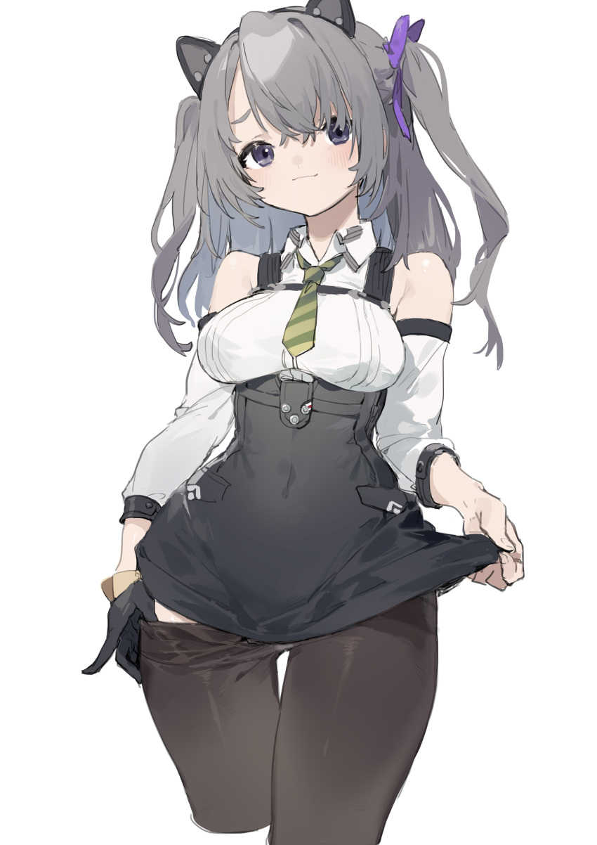 1girl absurdres animal_ears ash_arms black_legwear blush breasts cat_ears detached_sleeves fake_animal_ears gloves grey_hair highres looking_at_viewer medium_breasts necktie panzer_ii_(ash_arms) purple_eyes sh_(562835932) simple_background single_glove solo teasing thighhighs white_background