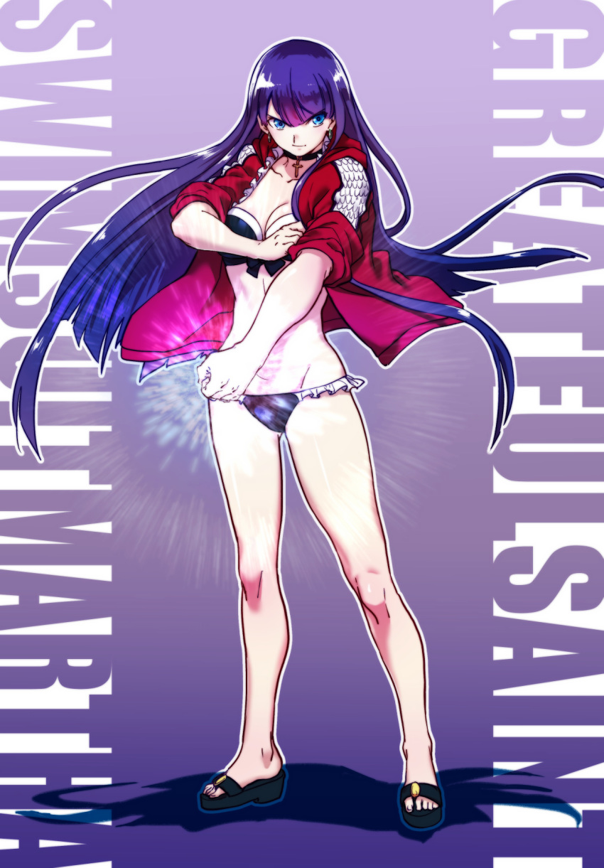 1girl aoba_(smartbeat) bangs bikini black_bikini blue_eyes breasts character_name choker cleavage collarbone cross cross_choker cross_necklace fate/grand_order fate_(series) frilled_bikini frills full_body gradient gradient_background highres jacket jewelry large_breasts legs long_hair long_sleeves looking_at_viewer necklace open_clothes open_jacket purple_background purple_hair red_jacket saint_martha saint_martha_(swimsuit_ruler)_(fate) sandals swimsuit