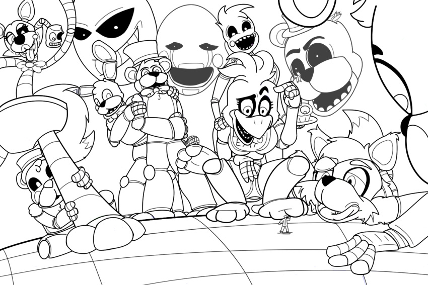 2015 animatronic anthro avian beak bib bird black_and_white bonnie_(fnaf) bow canid canine chica_(fnaf) chicken clothing eye_patch eyewear female five_nights_at_freddy's five_nights_at_freddy's_2 fox foxy_(fnaf) freddy_(fnaf) galliform gallus_(genus) golden_freddy_(fnaf) group hat head_tuft headgear headwear human imminent_vore kyudude lagomorph larger_anthro larger_female larger_male leporid licking licking_lips lipstick looking_down machine macro makeup male mammal mangle_(fnaf) marionette_(fnaf) micro monochrome phasianid puppet_(fnaf) rabbit robot security_guard size_difference smaller_human smaller_male standing teeth toes tongue tongue_out toy_bonnie_(fnaf) toy_chica_(fnaf) toy_freddy_(fnaf) tuft ursid video_games vore