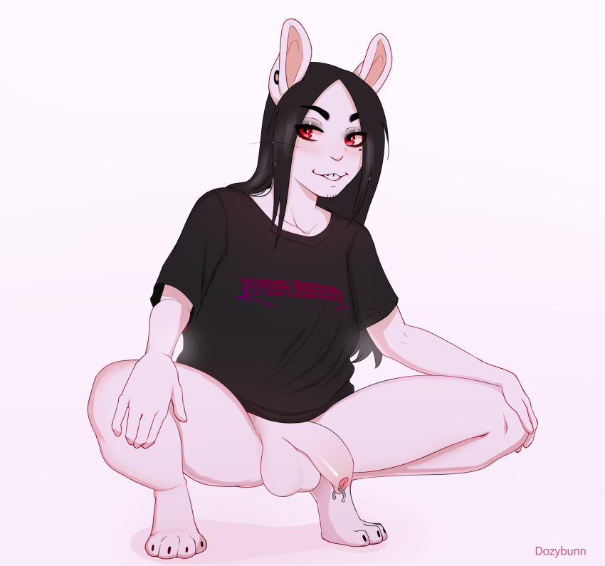 absurd_res anthro balls black_hair bottomless clothed clothing crouching dozybunn ear_piercing foreskin foreskin_piercing genital_piercing genitals goth hair hi_res lagomorph leporid long_hair male mammal morgan penis piercing pink_body rabbit red_eyes shirt simple_background smile solo text text_on_clothing topwear uncut white_background