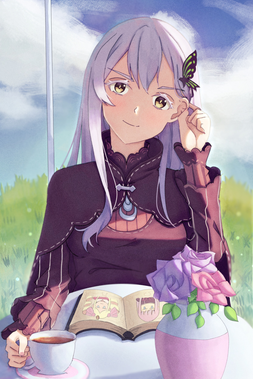 1girl bangs beatrice_(re:zero) black_capelet book bryantlee998 capelet closed_mouth cloud coffee cup day dress echidna_(re:zero) flower hair_between_eyes hair_ornament hairclip head_tilt highres long_hair long_sleeves looking_at_viewer open_book outdoors pink_flower purple_dress purple_flower re:zero_kara_hajimeru_isekai_seikatsu silver_hair smile solo straight_hair striped teacup vertical_stripes yellow_eyes