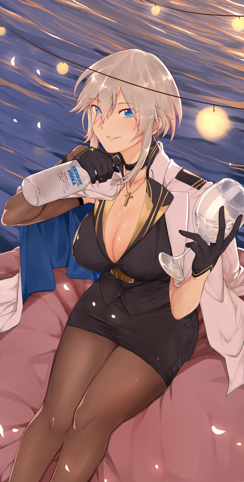 1girl absolut_vodka absurdres adapted_costume alcohol azur_lane black_choker black_gloves black_legwear black_skirt blue_eyes breasts choker cleavage commentary cross cross_necklace cup drinking_glass english_commentary gloves grey_hair highres jacket jacket_on_shoulders jewelry large_breasts looking_at_viewer necklace pantyhose short_hair skirt smile tetsumoru vodka washington_(azur_lane) wine_glass