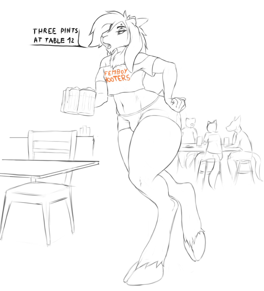 alcohol anthro beer beverage bottomwear bovid bulge caprine chair chest_tuft clothing crop_top eyebrow_piercing facial_piercing femboy_hooters fur furniture girly goat hair hi_res hooves horn jakethegoat jakethegoat_(character) male mammal piercing shirt shorts solo table text topwear tuft