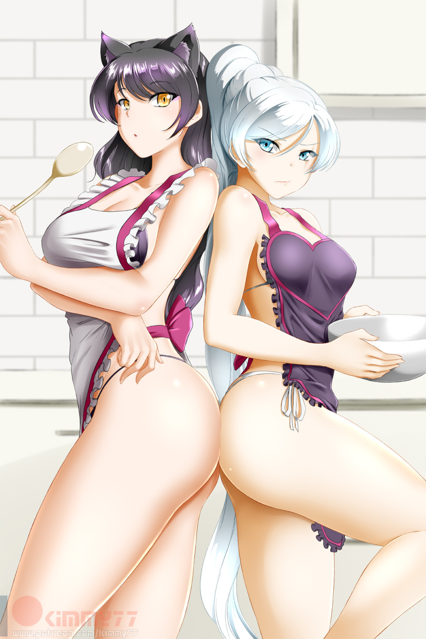 2girls alfred_cullado animal_ear_fluff animal_ears apron ass ass-to-ass back-to-back bangs banned_artist bikini black_hair blake_belladonna blue_eyes breasts cat_ears cleavage closed_mouth collarbone eyebrows_visible_through_hair frilled_apron frills hair_between_eyes hair_intakes highres indoors large_breasts long_hair looking_at_viewer medium_breasts multiple_girls nearly_naked_apron purple_apron ribbon rwby shiny shiny_hair side-tie_bikini sideboob silver_hair standing swimsuit very_long_hair watermark weiss_schnee white_apron white_ribbon yellow_eyes