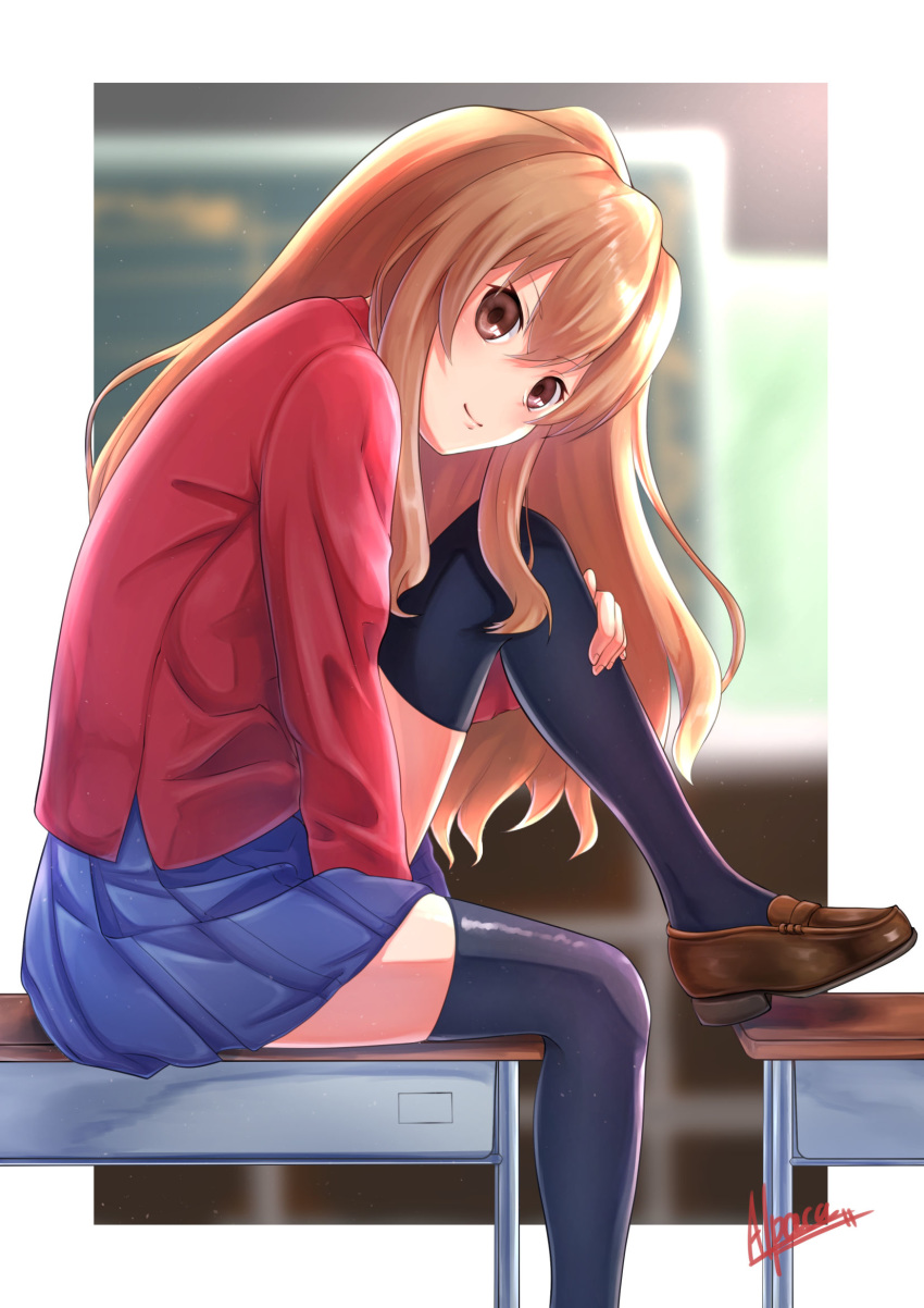 1girl aisaka_taiga alpaca_(alpaca00011) bangs between_legs black_legwear blonde_hair blue_skirt blurry blurry_background border brown_eyes brown_footwear closed_mouth desk hair_between_eyes hand_between_legs highres jacket loafers long_hair long_sleeves miniskirt on_desk oohashi_high_school_uniform outside_border pleated_skirt red_jacket school_uniform shiny shiny_hair shoes signature sitting sitting_on_desk skirt smile solo thighhighs toradora! very_long_hair white_border zettai_ryouiki