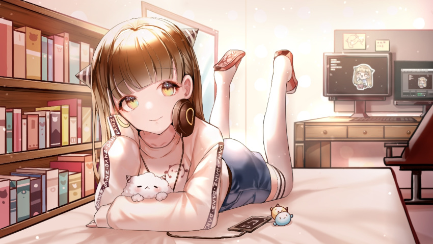 1girl :&lt; animal bangs bed blurry book bookshelf brown_eyes brown_hair cable chair closed_mouth clothes_writing commentary_request computer copyright_request desk digital_media_player dog feet_up floor full_body hand_on_own_face headphones headphones_around_neck horns keyboard_(computer) korean_commentary long_hair long_sleeves lying making-of_available misyune monitor musical_note office_chair on_bed on_stomach print_shirt room shirt shoe_soles shorts sleeves_past_wrists slippers smile stuffed_toy the_pose thighhighs wall white_legwear window yellow_eyes
