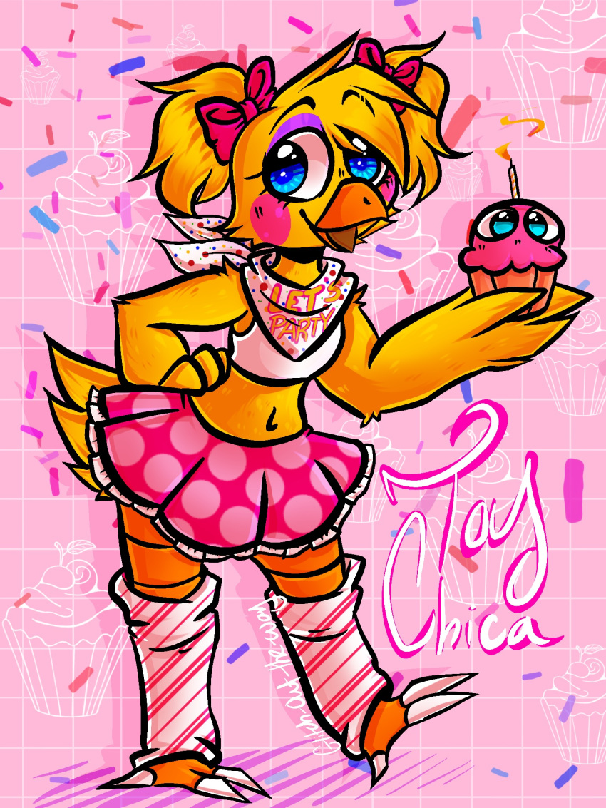 anthro avian beak bird blonde_hair blue_eyes blush chicken claws cupcake eyelashes feathers female fingers five_nights_at_freddy's five_nights_at_freddy's_2 food galliform gallus_(genus) glitch_out_the_way_(artist) hair hi_res holding_object makeup navel open_mouth orange_body phasianid pigtails pink_background pink_cheeks simple_background toe_claws toy_chica_(fnaf) video_games yellow_body yellow_feathers