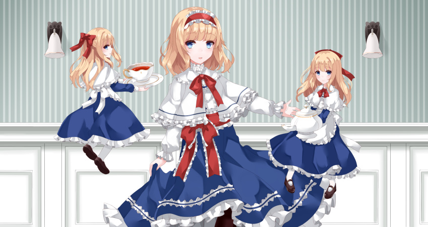 1girl alice_margatroid apron arm_at_side arm_up bangs blonde_hair blue_eyes blue_skirt brown_footwear brown_legwear capelet cowboy_shot cup english_commentary eyebrows_visible_through_hair floating hair_ribbon hairband highres holding holding_saucer holding_teapot indoors lolita_hairband long_sleeves looking_at_viewer nanatuki13 outstretched_arm pantyhose parted_lips petticoat ribbon sash saucer shanghai_doll shirt short_hair sideways_glance skirt skirt_hold smile solo standing teacup teapot touhou waist_apron wall_lamp wallpaper_(object) white_capelet white_legwear white_shirt