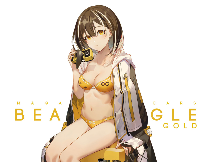 1girl arknights bangs bare_thighs bra breasts brown_hair cleavage closed_mouth coat collarbone eyebrows gas_mask hair_between_eyes hand_up holding holding_mask lingerie looking_at_viewer magallan_(arknights) mask medium_breasts mouth_mask multicolored_hair navel panties salmon88 short_hair sitting solo two-tone_hair underwear white_background white_hair yellow_eyes