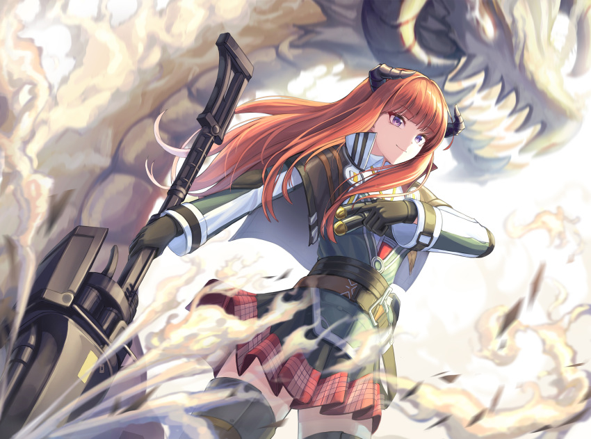 1girl absurdres arknights bagpipe_(arknights) belt black_gloves commentary cow-ring cowboy_shot gloves highres holding holding_lance holding_polearm holding_weapon horns jacket lance long_hair miniskirt orange_hair pleated_skirt polearm purple_eyes red_skirt skirt solo standing thighhighs weapon white_background