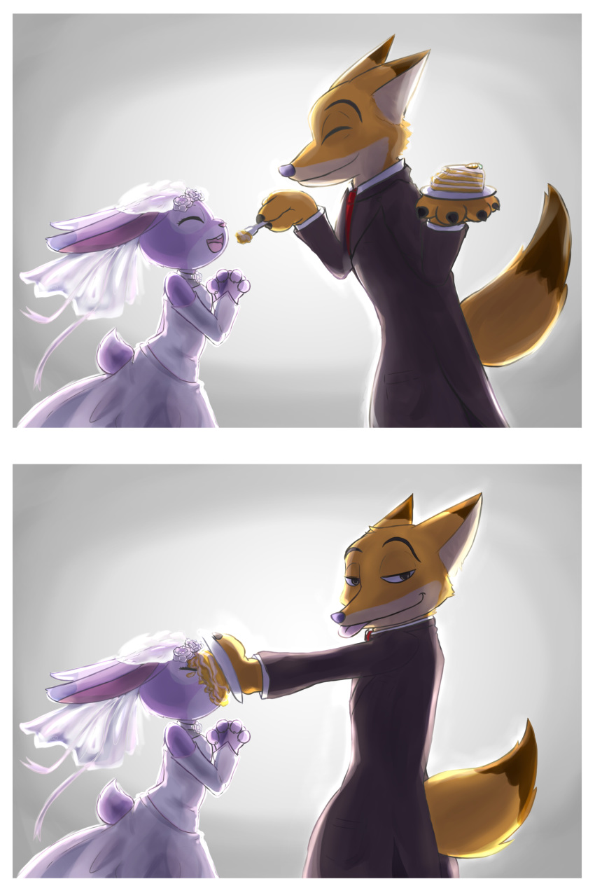 2016 absurd_res anthro black_tie_(suit) cake canid canine clothed clothing comic disney dress duo female food fox fully_clothed fur grey_background grey_body grey_fur hi_res humor judy_hopps lagomorph leporid male mammal nick_wilde open_mouth open_smile orange_body orange_fur rabbit red_fox simple_background smile suit tongue tongue_out unknownlifeform wedding_dress zootopia