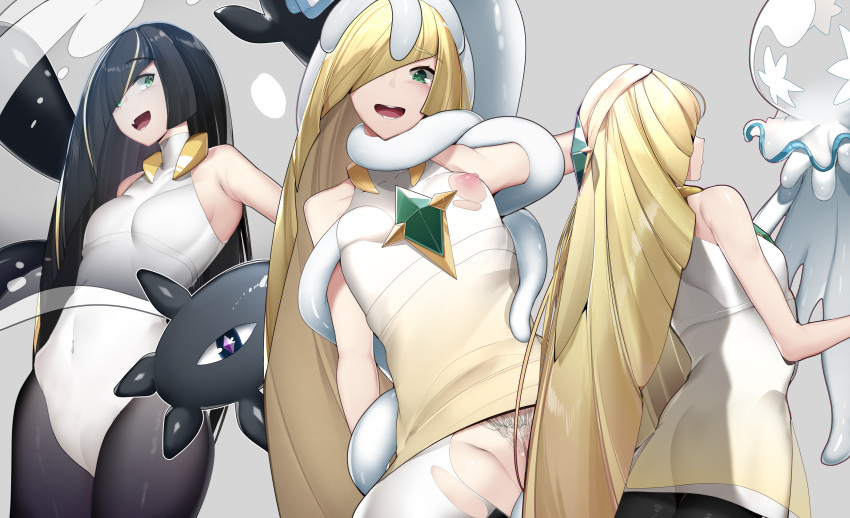 1girl absurdres ass bare_arms black_legwear blonde_hair blush breasts commentary_request covered_navel eyebrows_visible_through_hair eyelashes female_pubic_hair fusion gen_7_pokemon green_eyes grey_background hair_over_one_eye highres leotard long_hair looking_at_viewer lusamine_(pokemon) mature multiple_views nihilego open_mouth pokemon pokemon_(game) pokemon_sm pubic_hair shiny teeth tongue torn_clothes ultra_beast very_long_hair white_legwear yuuyuu_(yuuki1771)