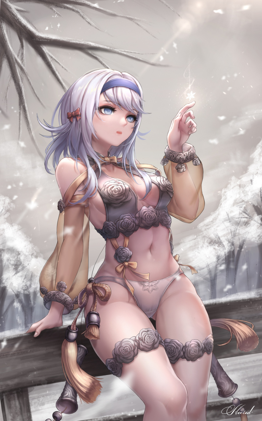 1girl absurdres arm_support ass_visible_through_thighs bare_shoulders blade_&amp;_soul blue_eyes breasts commission flower hairband hand_up highleg highleg_panties highres kie_(wylee2212) leg_garter long_hair long_sleeves looking_away lyn_(blade_&amp;_soul) medium_breasts midriff navel open_mouth outdoors panties revealing_clothes rose see-through silver_hair solo standing stomach tassel thigh_gap thighs underwear white_panties