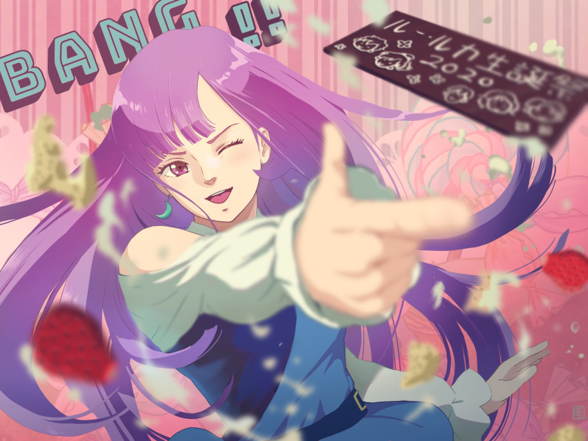 1girl bang! bangs english_text finger_gun floating_hair food fruit gundam gundam_zz highres ichika_(quaternionxxx) motion_blur one_eye_closed purple_eyes purple_hair roux_louka solo strawberry