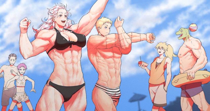 3boys 3girls abs airpro033 alternate_costume arm_up ball bare_shoulders black_hair blonde_hair blue_eyes breasts bulge character_request chest cloud cloudy_sky couple dorohedoro happy hetero highres kaiman_(dorohedoro) long_hair male_swimwear multiple_boys multiple_girls muscle muscular_female nikaidou_(dorohedoro) nipples noi_(dorohedoro) purple_eyes purple_hair red_eyes shin_(dorohedoro) short_hair sky sleeveless spikes stitches stretch striped_briefs swim_briefs swim_trunks swimsuit swimwear thick_thighs thighs white_hair