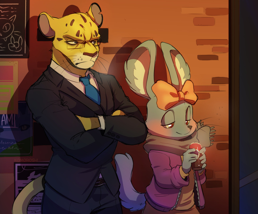 absurd_res accessory aggressive_retsuko anthro beverage beverage_can blush blush_stickers chinchilla chinchillid clothed clothing duo eyewear felid female fur glasses grey_body grey_fur hair_accessory hair_ribbon hi_res hyoudou komoroshi_(artist) leopard male mammal manaka_(aggretsuko) necktie notched_ear pantherine poster ribbons rodent sanrio scarf spots spotted_body spotted_fur suit whiskers yellow_body yellow_fur