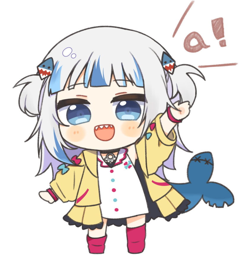 1girl a bangs blue_eyes chibi cosplay gawr_gura highres hololive hololive_english inugami_korone inugami_korone_(cosplay) open_mouth shark_tail sharp_teeth solo tail teeth waving white_hair yasashi_v