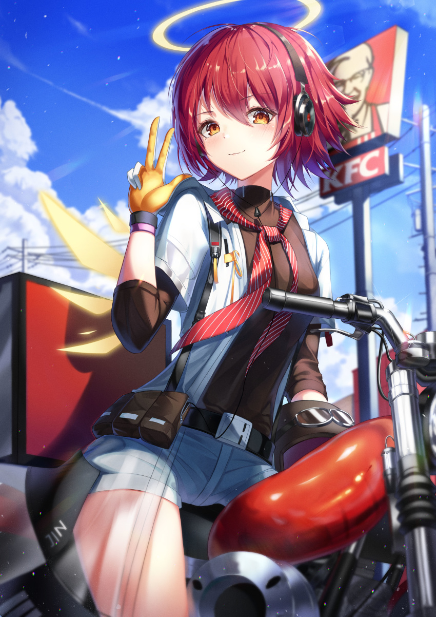 1girl absurdres alternate_costume arknights bangs belt black_belt black_shirt blue_sky cloud colonel_sanders commentary day exusiai_(arknights) gloves ground_vehicle halo hand_up headphones highres kfc long_sleeves looking_at_viewer motor_vehicle motorcycle neckerchief open_clothes open_shirt orange_eyes raccoon_(raccoonccoon) red_hair red_neckwear shirt short_hair short_shorts shorts sky smile solo thighs w white_shirt white_shorts