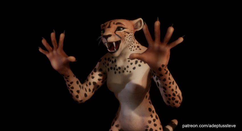 3d_(artwork) 5_fingers adeptussteve anthro black_background black_claws black_eyebrows black_lips black_nose black_spots breasts cheetah claws digital_media_(artwork) eyebrows fangs felid feline female fingers fur green_eyes grey_whiskers jazz_hands lips mammal meme nipples nude pink_nipples simple_background smile solo spots spotted_body spotted_fur striped_tail stripes zuri zuri_(wild_life)