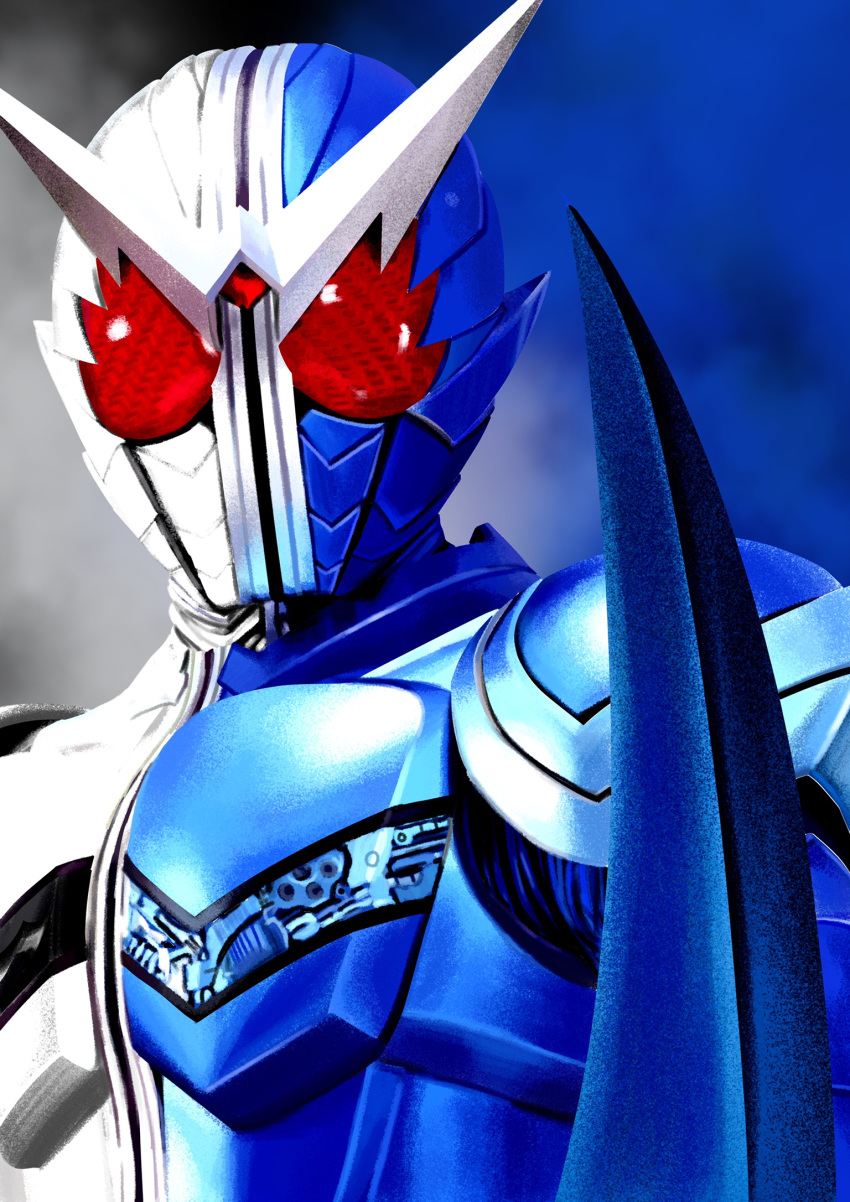 1boy 4ze_meteor armor blue_background close-up highres kamen_rider kamen_rider_double kamen_rider_w looking_down red_eyes solo tokusatsu v-fin white_background