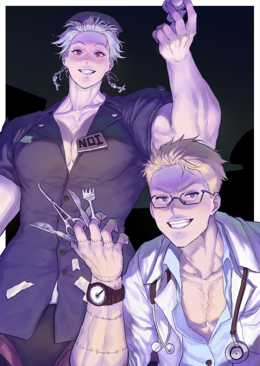 1boy 1girl airpro033 alternate_costume alternate_hairstyle bare_chest blonde_hair blue_eyes breasts character_name chest cleavage couple cowboy_shot doctor dorohedoro earrings glasses halloween_costume hetero highres jewelry muscle muscular_female noi_(dorohedoro) red_eyes shin_(dorohedoro) short_hair stitches tied_hair upper_body watch white_hair