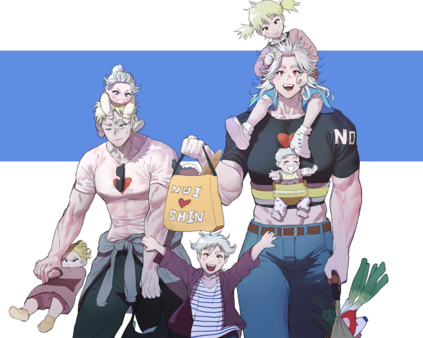 2boys 5girls abs airpro033 belt blonde_hair blue_eyes breasts chest child contemporary couple cowboy_shot denim dorohedoro hetero highres jeans korean_text long_hair midriff multiple_boys multiple_girls muscle muscular_female noi_(dorohedoro) on_head pants red_eyes shin_(dorohedoro) short_hair stitches veins white_hair