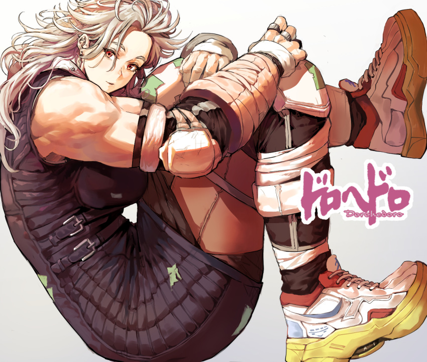 1girl airpro033 bandages bare_shoulders breasts detached_sleeves dorohedoro earrings eyelashes full_body gradient_hair hand_on_own_knee highres jewelry long_hair looking_at_viewer multicolored_hair muscle muscular_female noi_(dorohedoro) raised_eyebrows red_eyes shoes thick_thighs thighs white_hair