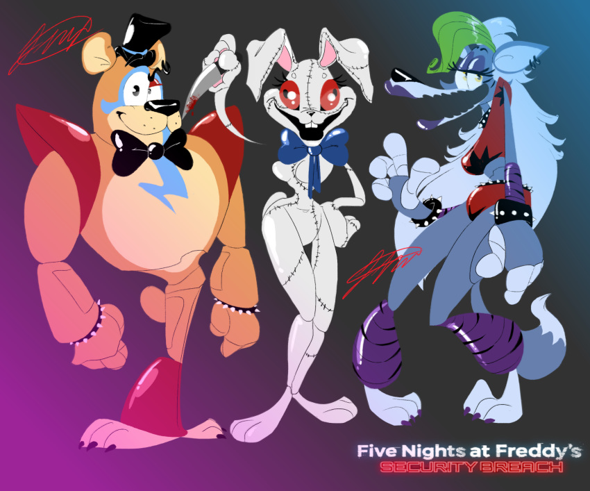 animatronic anthro blood bodily_fluids bracelet breasts brown_body buckteeth canid canine canis claws clothing collar costume ear_piercing eyeshadow female five_nights_at_freddy's five_nights_at_freddy's:_security_breach fnafmangl glamrock_freddy_(fnaf) green_hair grey_body hair half-closed_eyes hi_res highlights_(coloring) holding_object jewelry lagomorph leporid lipstick logo machine makeup male mammal muscular narrowed_eyes open_mouth piercing purple_claws rabbit ribbons robot roxanne_wolf_(fnaf) spiked_bracelet spiked_collar spikes standing stitch_(disambiguation) teeth toe_claws toony ursid vanny_(fnaf) video_games white_hair white_inner_ear wolf
