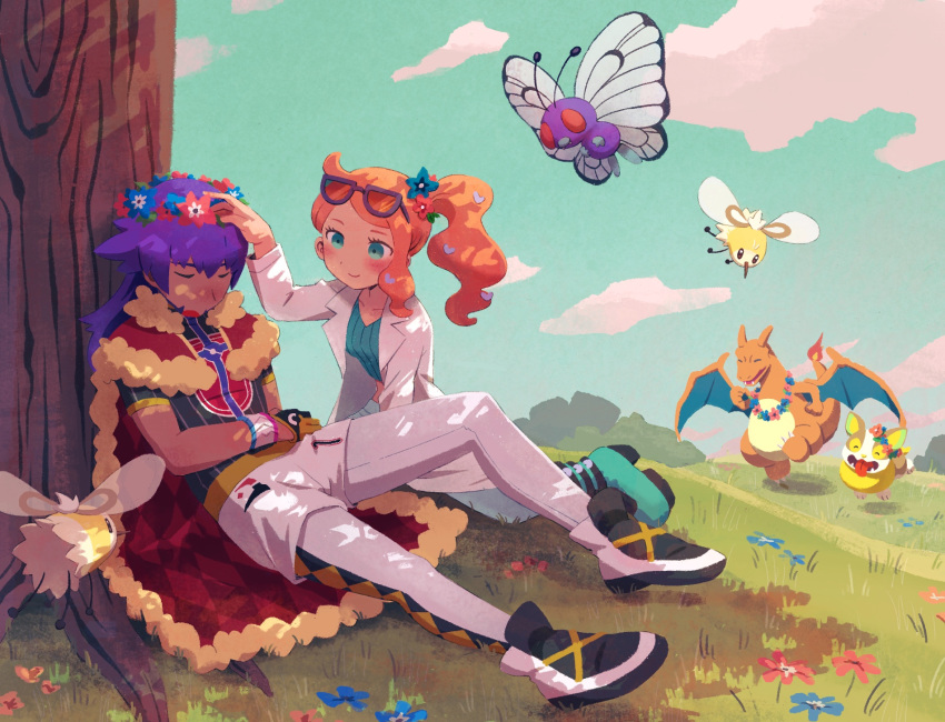 1boy 1girl ^_^ bangs baseball_cap black_gloves black_shirt blue_sky blush boots butterfree cape charizard closed_eyes closed_mouth cloud commentary_request cutiefly day dynamax_band eyewear_on_head fangs fiery_tail flower flying fur-trimmed_cape fur_trim gen_1_pokemon gen_7_pokemon gen_8_pokemon glasses gloves grass green_eyes green_footwear green_shirt grey_pants hair_flower hair_ornament happy hat head_wreath heart heart_hair_ornament highres iroidori4422 labcoat leggings leon_(pokemon) long_hair looking_at_another open_mouth orange_hair outdoors pants partly_fingerless_gloves pokemon pokemon_(creature) pokemon_(game) pokemon_swsh print_shirt purple-framed_eyewear purple_hair red_cape shirt shoes shorts side_ponytail sitting sky sleeping sleeping_upright smile sonia_(pokemon) tail tongue tongue_out tree white_legwear white_shorts yamper