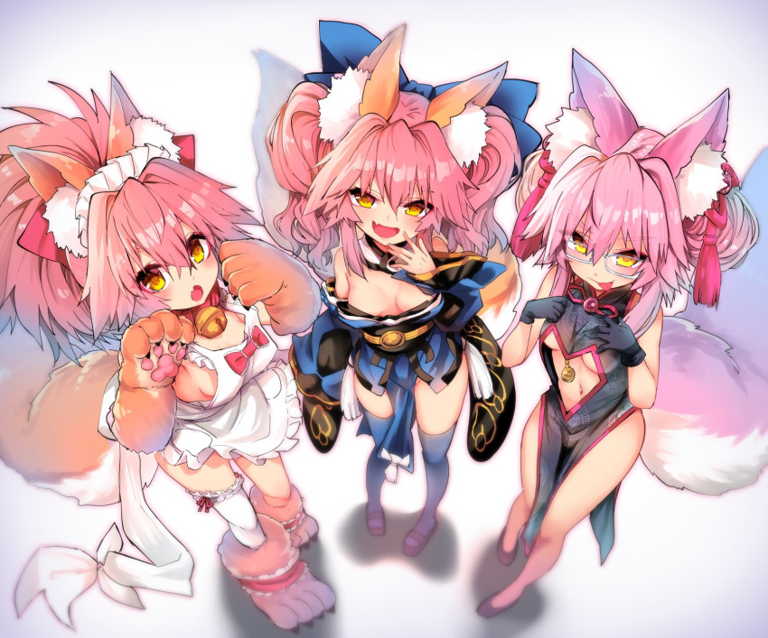 3girls animal_ear_fluff animal_ears apron bangs bare_shoulders bell bell_collar black_dress black_gloves blue_kimono blue_legwear blush breasts cat_hair_ornament center_opening china_dress chinese_clothes collar detached_collar detached_sleeves double_bun dress fate/extra fate/grand_order fate_(series) fox_ears fox_girl fox_tail gloves hair_between_eyes hair_ornament highres japanese_clothes jingle_bell kimono koyanskaya long_hair looking_at_viewer multiple_girls naked_apron navel paw_gloves paw_shoes paws pink_hair ponytail shoes sidelocks small_breasts smile tail tamamo_(fate)_(all) tamamo_cat_(fate) tamamo_no_mae_(fate) tassel thighhighs tongue tongue_out twintails wide_sleeves wisespeak yellow_eyes younger