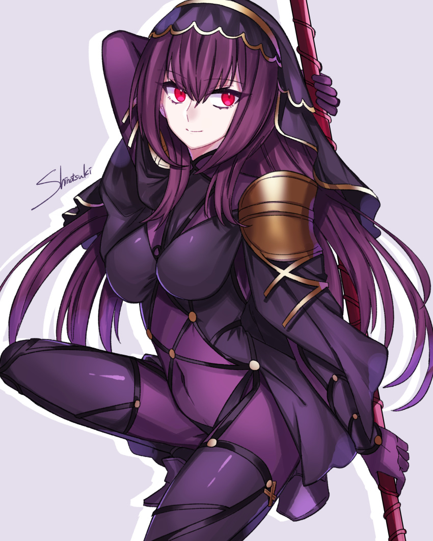 1girl absurdres armor bodysuit breasts covered_navel fate/grand_order fate_(series) gae_bolg hair_intakes highres leotard long_hair pauldrons polearm purple_bodysuit purple_hair red_eyes scathach_(fate)_(all) scathach_(fate/grand_order) shoulder_armor smile solo spear weapon yurui_shinotsuki