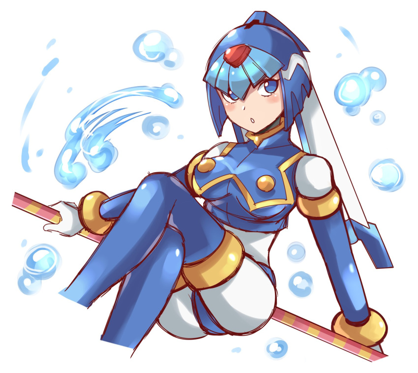 1girl android blue_eyes bodysuit breasts bubble capcom crossed_legs helmet highres himurororo holding holding_weapon large_breasts leviathan_(rockman) polearm rockman rockman_zero simple_background solo thighhighs water weapon white_background