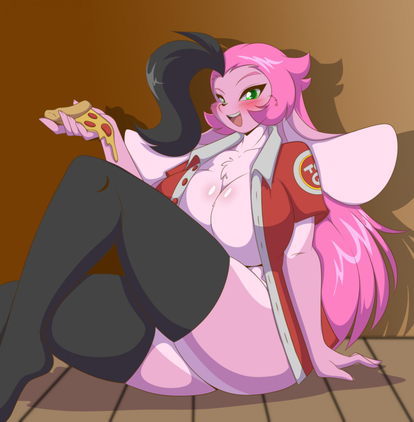 anthro clothing female food hair hi_res jacket lagomorph legwear leporid looking_at_viewer mammal mastergodai multicolored_hair on_ground pepperoni pepperoni_pizza pizza rabbit rascals reiko_usagi smile smiling_at_viewer solo stockings topwear webcomic