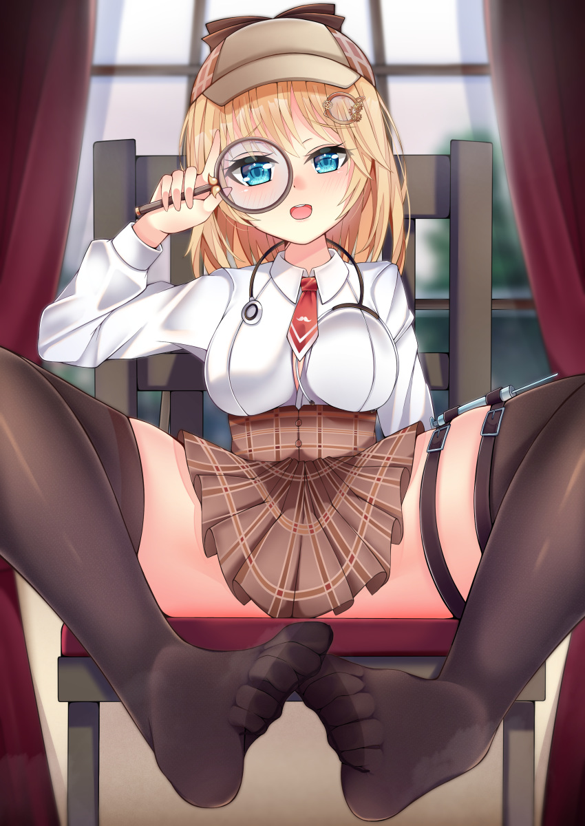 1girl absurdres bangs black_legwear blonde_hair blue_eyes blush breasts chair collared_shirt curtains deerstalker detective feet feet_together hair_between_eyes hair_ornament hand_up hat high-waist_skirt highres holding_magnifying_glass hololive hololive_english indoors long_sleeves looking_at_viewer magnification magnifying_glass medium_breasts mini_necktie monkey_kusai monocle_hair_ornament mustache_print necktie no_shoes open_mouth plaid plaid_skirt red_neckwear shirt short_hair sitting skirt smile solo spread_legs stethoscope syringe thigh_strap thighhighs thighs toes virtual_youtuber watson_amelia white_shirt window
