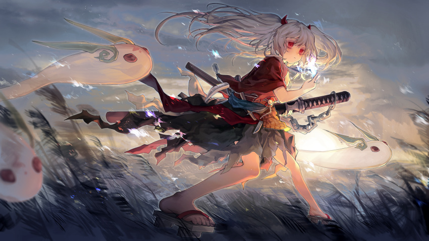 1girl bags_under_eyes beads between_fingers burning cloud duel_monster field fighting_stance floating_hair from_side full_body geta ghost ghost_ogre_&amp;_snow_rabbit highres holding horns japanese_clothes katana legs_apart light_particles long_hair looking_away nature no.18 obi red_eyes sash short_sleeves short_sword silver_hair sky standing sword twintails weapon white_hair wide_sleeves wind yuu-gi-ou