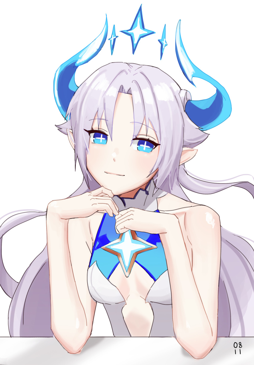 +_+ 1girl absurdres bare_shoulders blue_horns breasts closed_mouth demon_girl demon_horns elsword eyebrows_visible_through_hair hair_intakes highres horns ishtar_(elsword) long_hair luciela_r._sourcream pointy_ears power_(lu_power) purple_hair simple_background small_breasts smile very_long_hair white_background