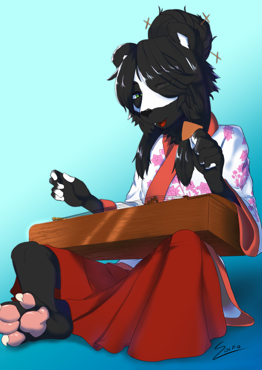 absurd_res anthro asian_clothing clothing east_asian_clothing giant_panda guzheng hi_res hindpaw japanese_clothing kimono male mammal paws sockodrawing solo ursid